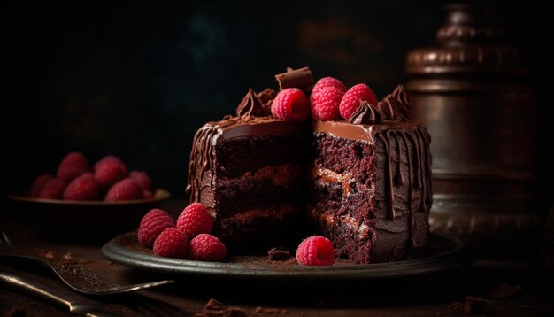 Brownie de chocolate com framboesa fresca em placa de madeira rústica gerada por IA