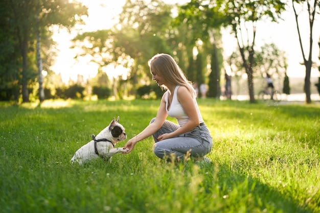 Buldogue francês dando patas em uma dona no parque