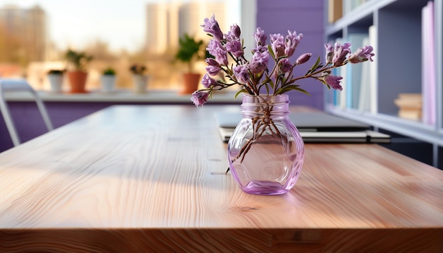 Buquê de flores roxas na mesa de madeira na moderna sala doméstica gerada pela inteligência artificial