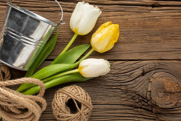 Foto grátis buquê de tulipas com corda e balde