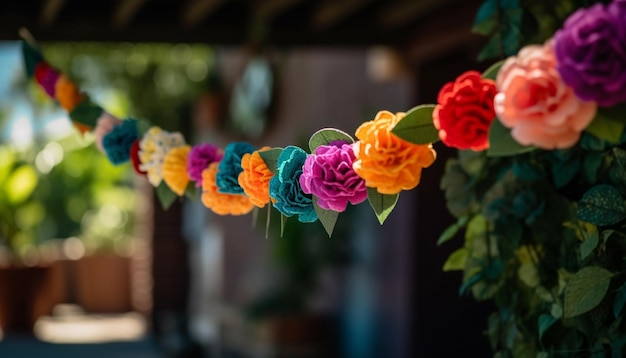 Buquê fresco de flores multicoloridas em mesa de madeira gerada por IA