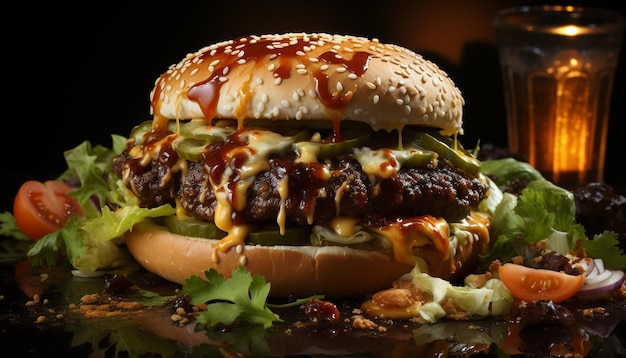 Foto grátis burger de carne grelhada com tomate com queijo e vegetais frescos gerados por inteligência artificial