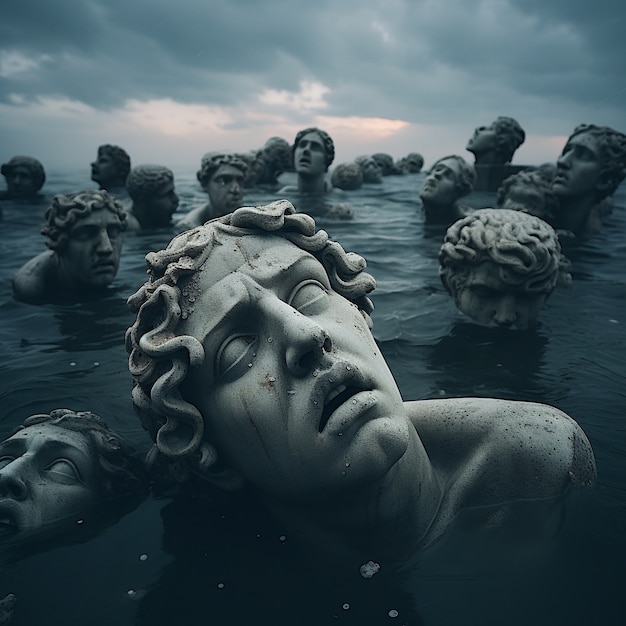 bustos gregos flutuando na água
