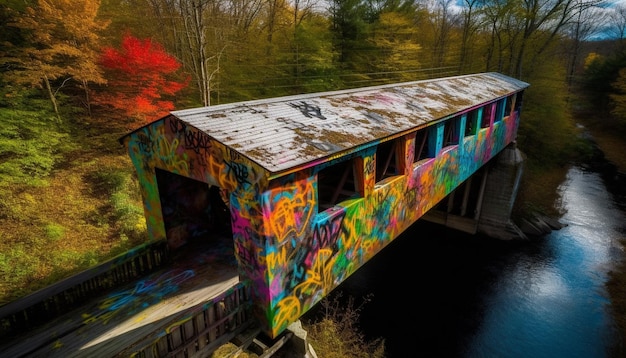 Cabana abandonada em cores de outono de floresta rústica brilham geradas por IA