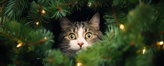 Foto grátis cabeça de gato na árvore de natal gerada pela ia