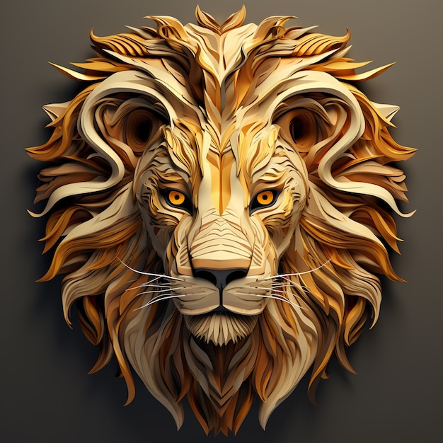 Cabeça de leão dourada 3D de aparência legal com juba longa