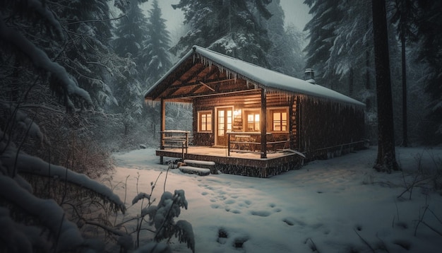 Foto grátis cabine iluminada na tranquilidade assustadora da floresta nevada gerada pela ia
