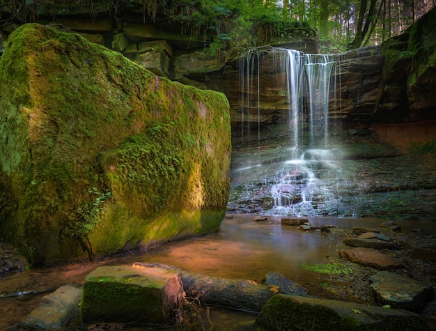 Cachoeira fluindo pela floresta durante o dia