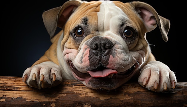 Cachorrinho bulldog fofo sentado ao ar livre olhando para a câmera gerado de forma divertida pela inteligência artificial