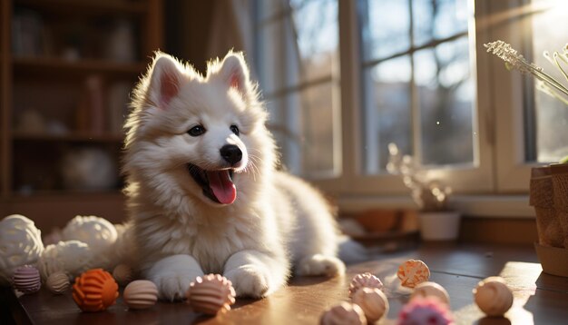 Cachorrinho fofo brincando ao ar livre traz alegria e felicidade gerada por inteligência artificial