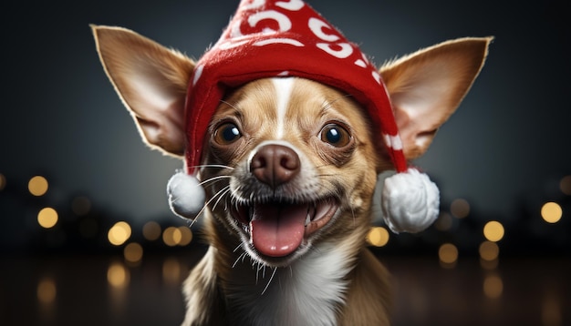 Cachorrinho fofo de boné comemora o inverno com alegria gerada por inteligência artificial
