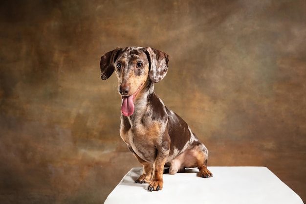 Foto grátis cachorrinho fofo de cachorro dachshund posando isolado sobre fundo marrom