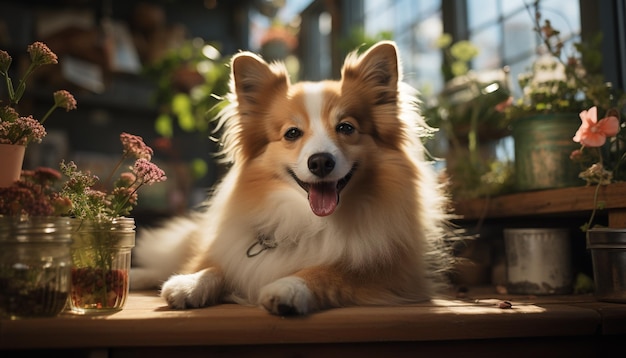 Cachorrinho fofo sentado ao ar livre olhando para a câmera cercado por flores geradas por inteligência artificial