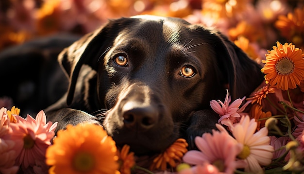 Cachorrinho fofo sentado na grama cheirando flores apreciando a natureza gerada pela inteligência artificial