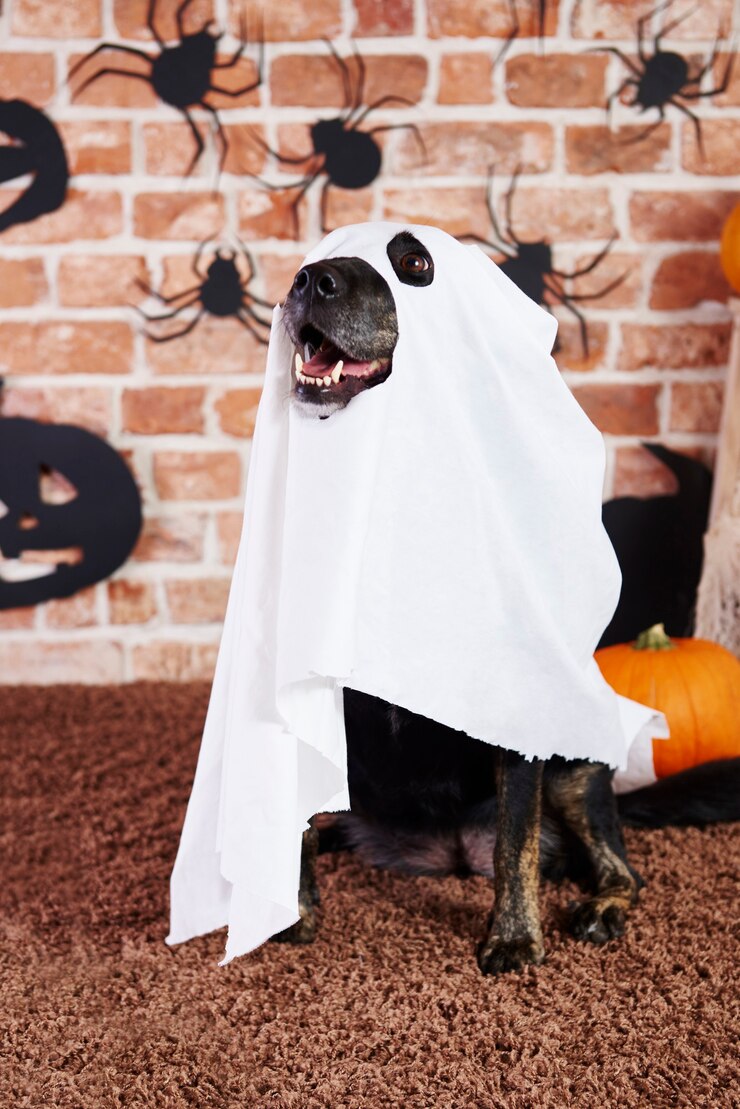 Foto grátis cachorro assustador fantasiado de fantasma