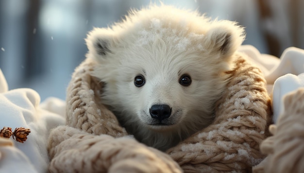 Foto grátis cachorro bonito brincando com brinquedo na neve de inverno gerada pela ia