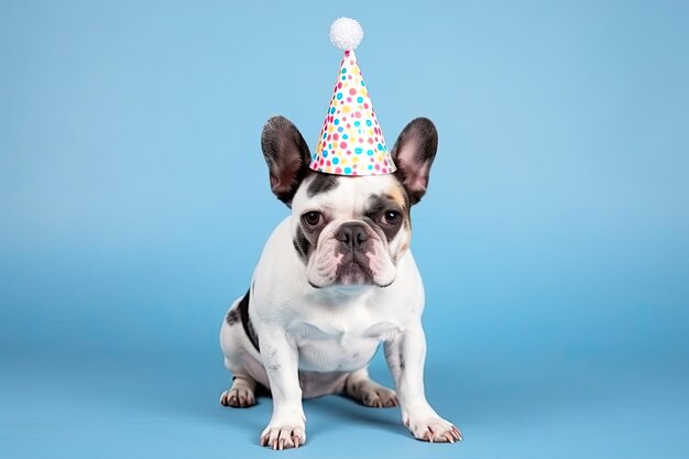 Cachorro com um boné de aniversário na cabeça em um fundo azul Ai generative