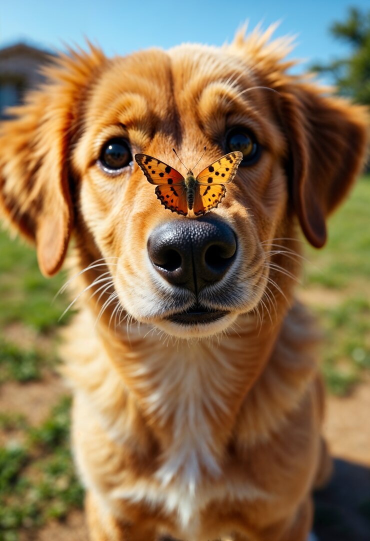 Foto grátis cachorro e borboleta num dia ensolarado