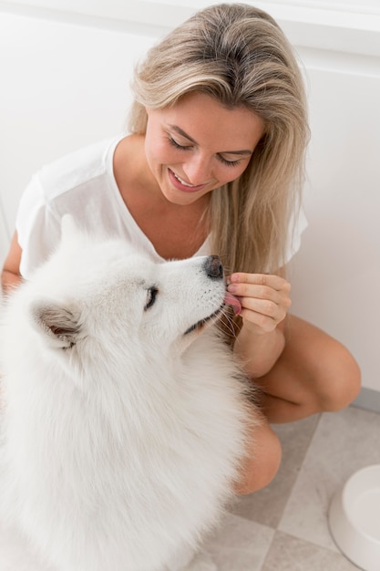 Cachorro e mulher lindos e amáveis