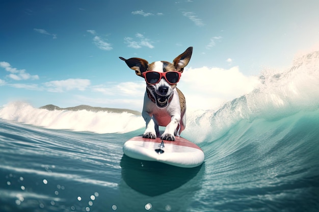 Cachorro Jack russell surfando em uma ondaDia ensolarado Conceito de verão Gerador de IA