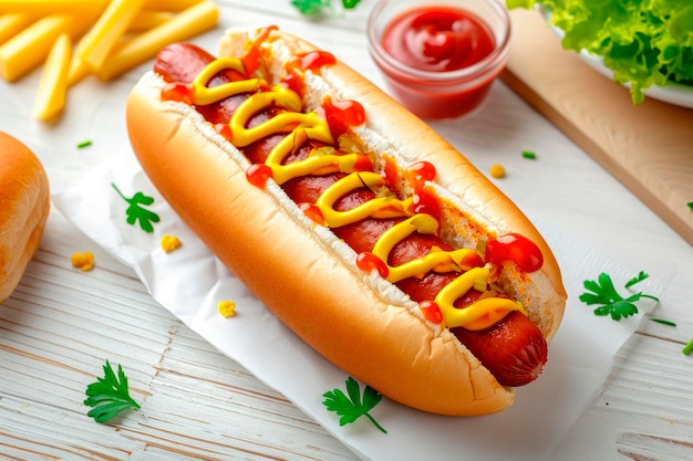 Foto grátis cachorro-quente clássico com ketchup e molho de mostarda na mesa de madeira branca