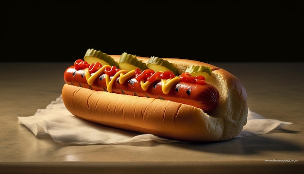 Cachorro-quente grelhado no pão coberto com ketchup gerado por inteligência artificial