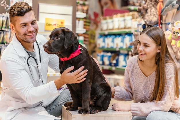 Cachorro sendo examinado pelo veterinário na loja de animais