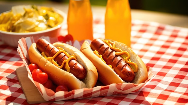 Foto grátis cachorros-quentes grelhados com ketchup de mostarda e relish em uma mesa de piquenique