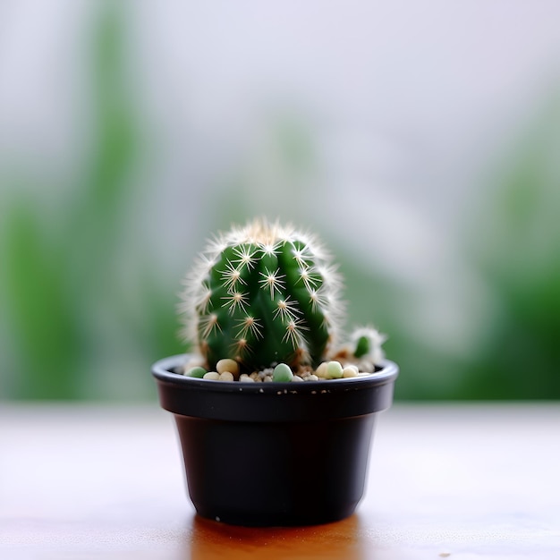 Cactus em uma panela em uma mesa de madeira com fundo desfocado