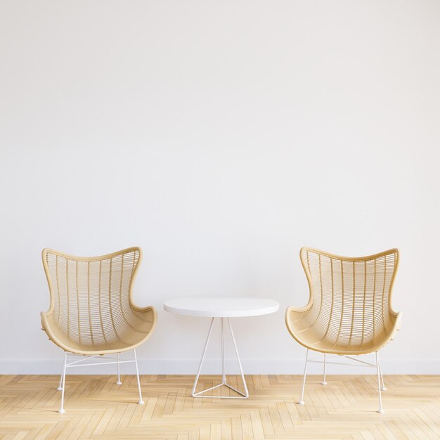 Cadeira de madeira no interior da sala de estar branca com mesa em branco para maquete