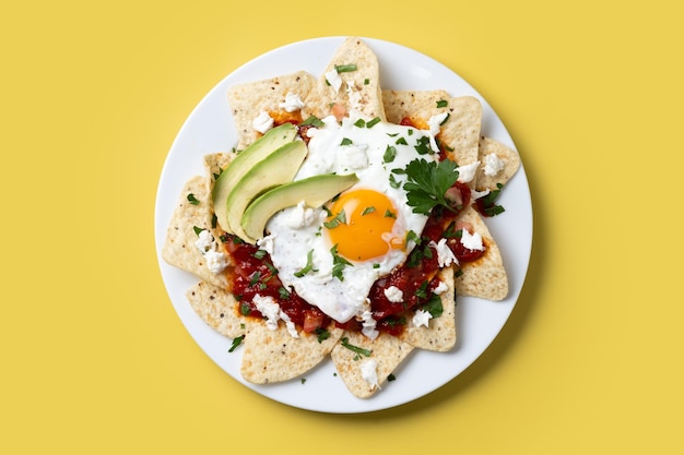 Café da manhã tradicional mexicano chilaquiles vermelhos com ovo em fundo amarelo