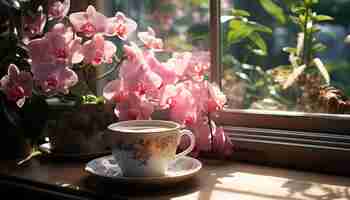 Foto grátis café fresco em uma xícara buquê de parede de janela natureza elegância gerada por inteligência artificial