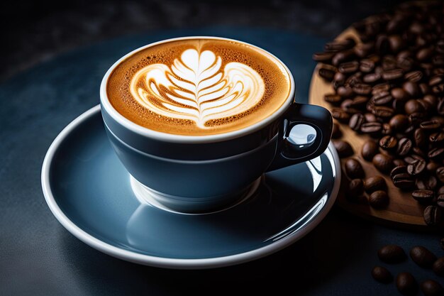 Café quente na caneca com creme na mesa de madeira rústica