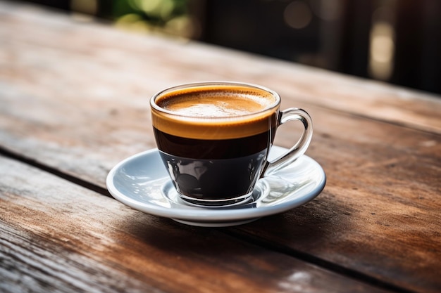 Café quente na caneca com creme na mesa de madeira rústica