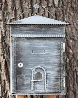 Caixa de correio decorativa pendurada em uma árvore.