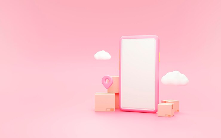 Foto grátis caixa de encomendas ou caixas de papelão e ponteiro pin marcam a localização com o conceito de logística de transporte de entrega de smartphone e nuvem na ilustração de renderização 3d de fundo rosa