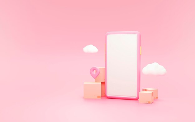 Caixa de encomendas ou caixas de papelão e ponteiro Pin marcam a localização com o conceito de logística de transporte de entrega de smartphone e nuvem na ilustração de renderização 3d de fundo rosa