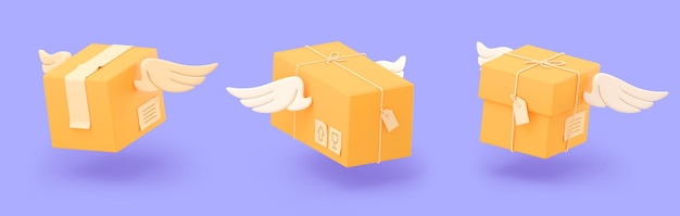 Caixa de entrega de renderização 3D com asas em conjunto de voo
