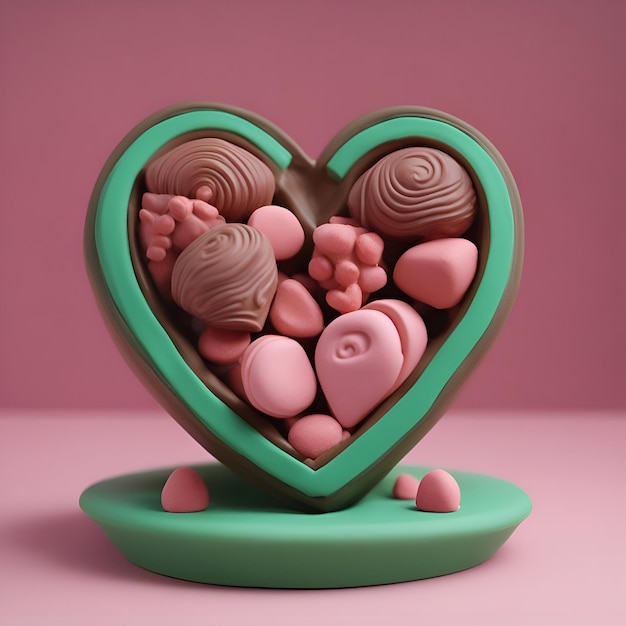 Foto grátis caixa em forma de coração de bombons de chocolate em uma renderização 3d de fundo rosa
