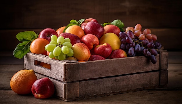 Caixa rústica contém frutas orgânicas frescas suculentas geradas por IA