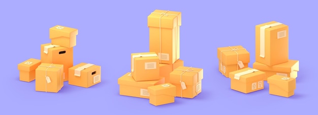 caixas de pacote de papelão 3d em pilhas