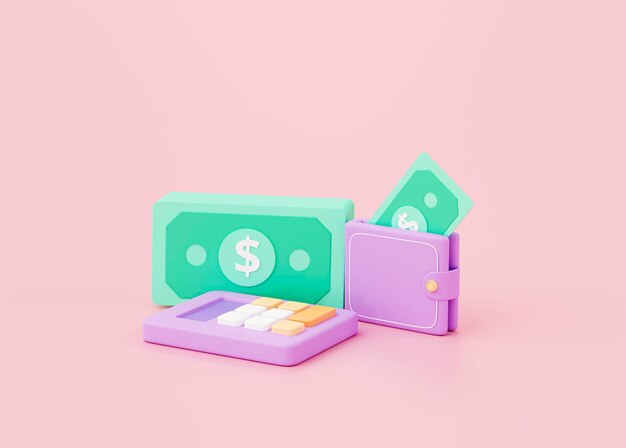 Calculadora e carteira de dinheiro economizando o conceito de finanças na renderização em 3d de fundo rosa