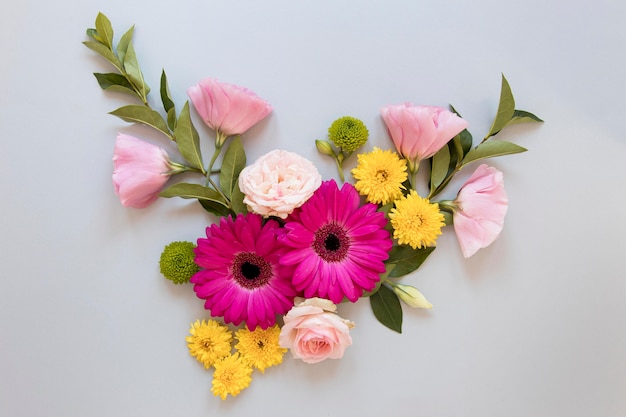 Camada plana com variedade de flores lindas