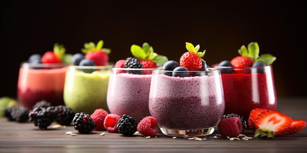 Foto grátis camadas de smoothies de bagas e sementes de chia coloridos e saudáveis