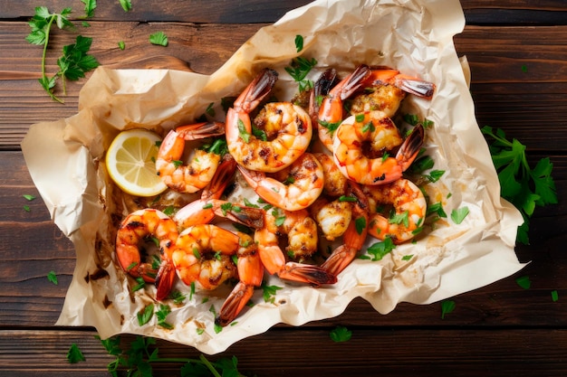 Camarão grelhado com salsa picada e limão na mesa de madeira