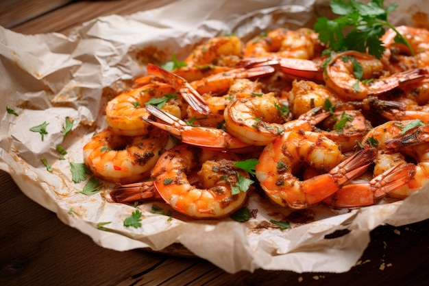 Foto grátis camarão grelhado com salsa picada e limão na mesa de madeira