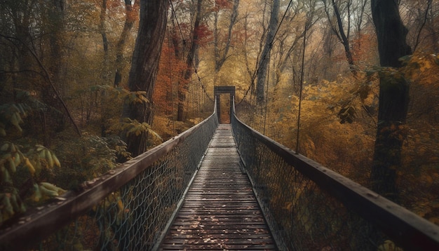 Caminhando em uma passarela elevada cercada pela beleza do outono gerada pela IA