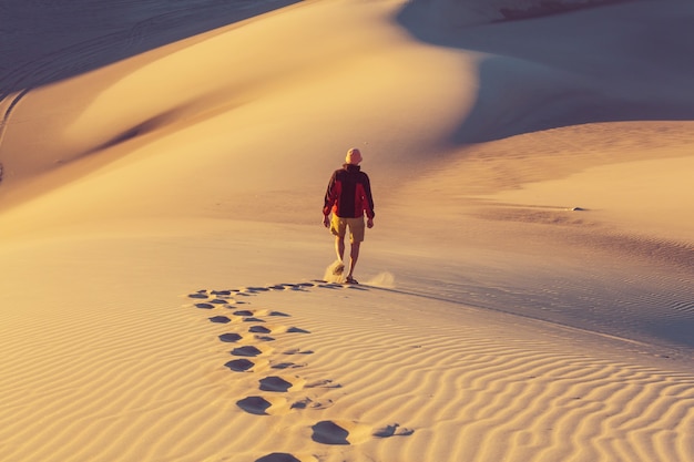 Caminhante no deserto de areia. hora do nascer do sol.