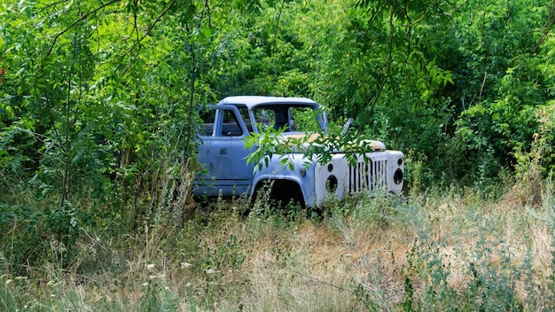 Caminhão azul abandonado com portas abertas na floresta