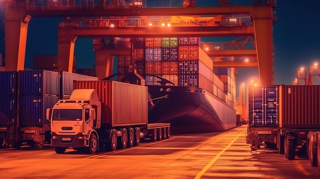 Caminhão de contêineres em porto de navegação para negócios logística e transporte de navio de carga de contêiner